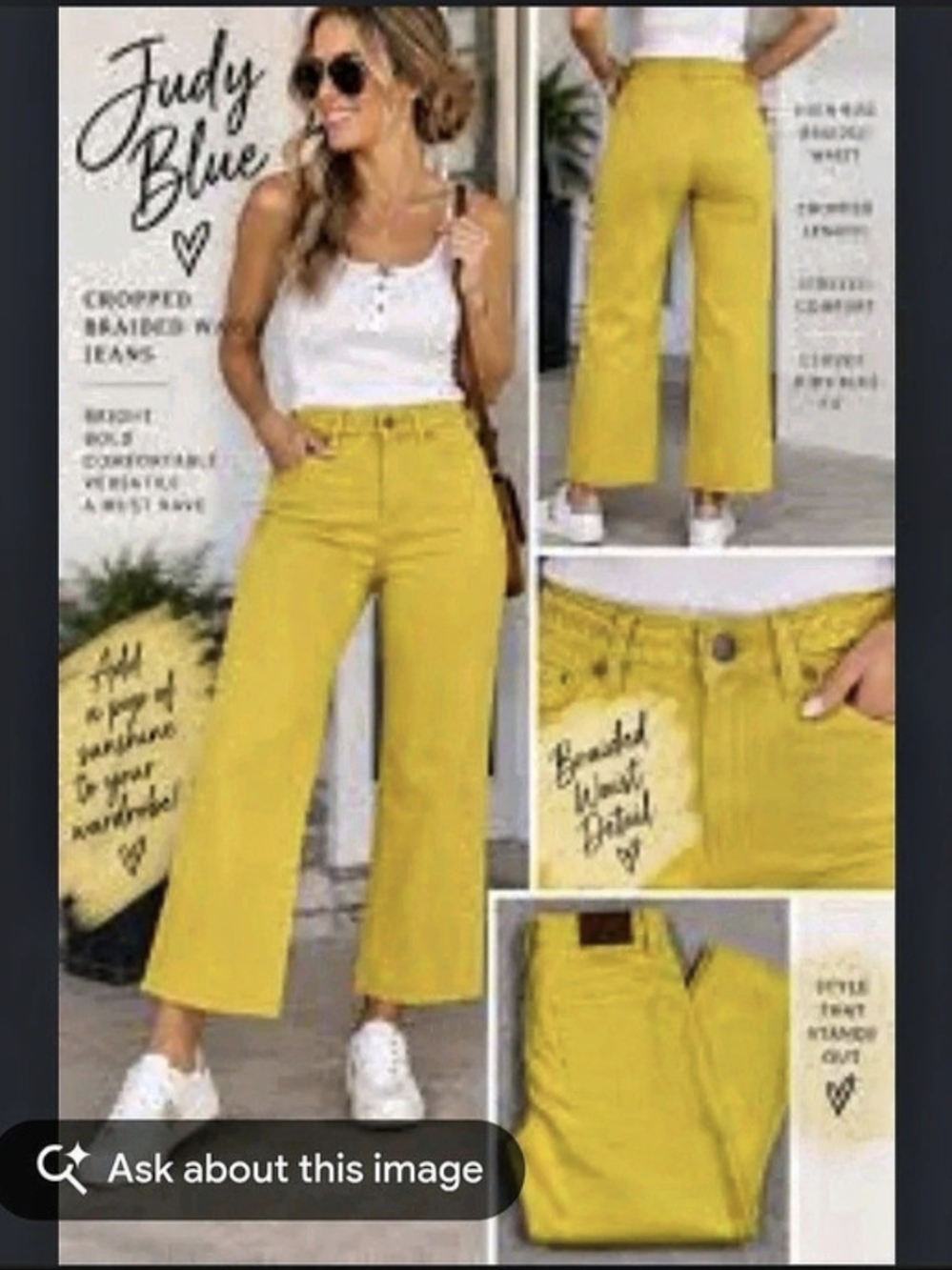 Judy Blue Bright Yellow Relaxed Crop Jeans with Braided Waistband Wide Leg Jeans